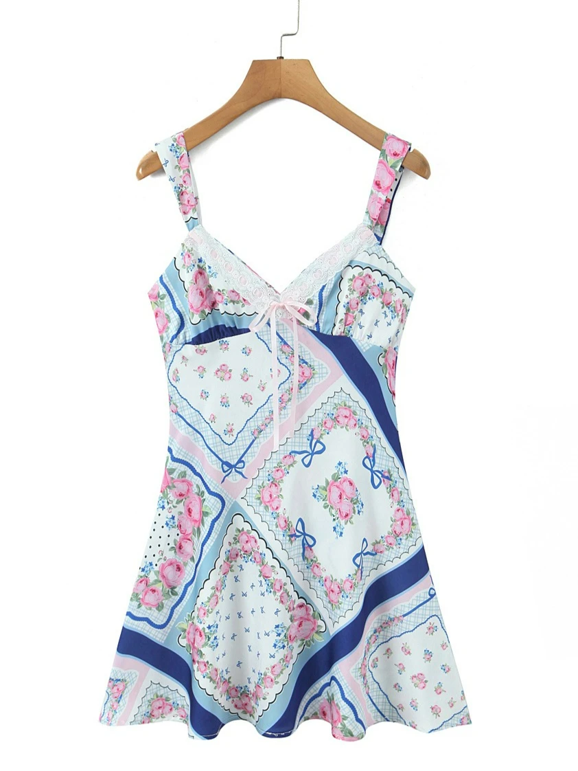 Frauen Blau Floral Gedruckt Mini Kleid Sommer Spaghetti Ärmellose Rüschen Backless Sexy Boho Party Damen Urlaub Kleider Neue