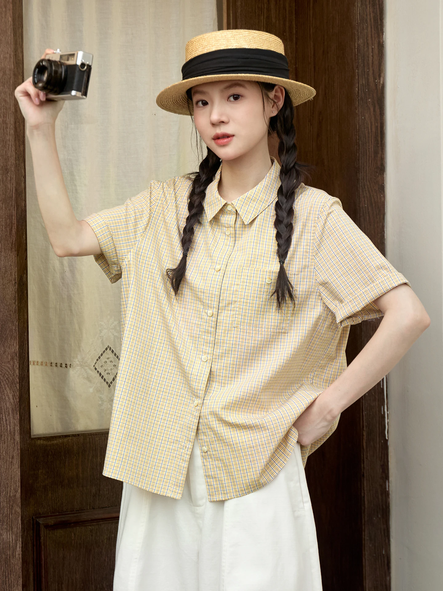 

Original Salt Series Retro Plaid Short Sleeve Cotton Shirt Women's Loose Casual Collar Top Breathable Comfortable Summer Shirt