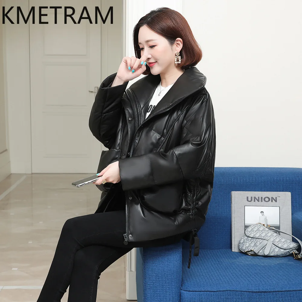 100% 양피 다운 코트 여성 스탠드 칼라 정품 가죽 블랙 퍼퍼 자켓 2025 겨울 의류 여성 겉옷 пуховик