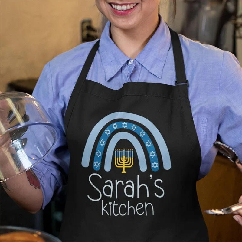 

Personalized Custom Name happy Hanukkah Kitchen Apron Jewish Holiday Gifts Chanukah Party Baking Housewarming wife mom Present
