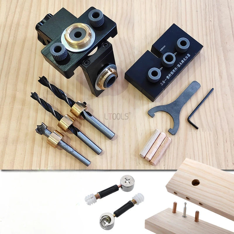 

3 In 1 Adjustable Doweling Jig Woodworking Pocket Hole Jig with 6/8/10/12/15mm Drill Bit for Drilling Guide Locator Puncher Tool