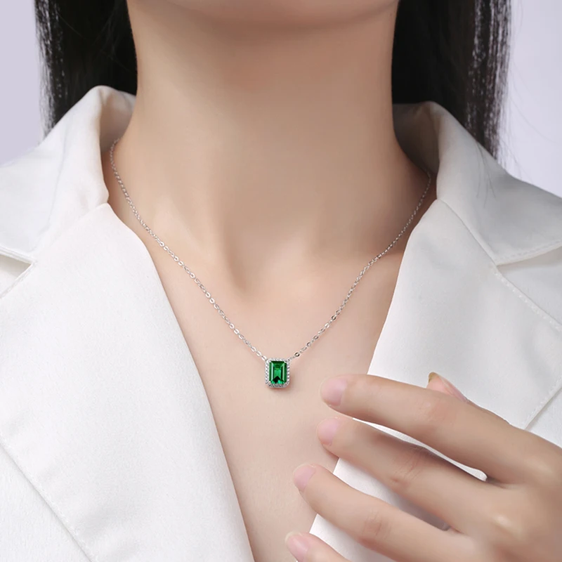 

RAPRGOLD Radiant Cut Ruby Sapphire Emerald Pendant Necklace for Women 925 Sterling Silver Chain Wedding Neck Luxury Jewelry Gift
