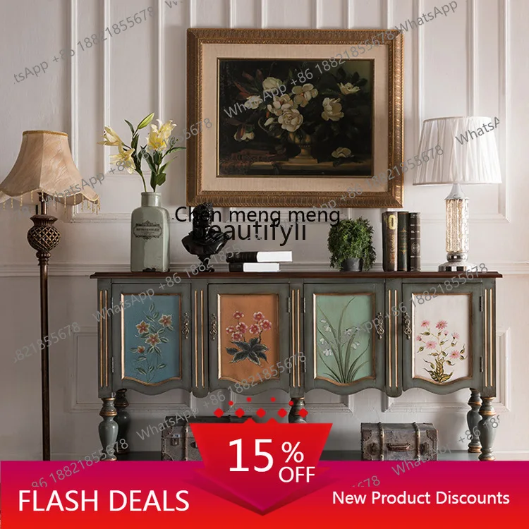 

American Style Entrance Cabinet Living Room Long Console Storage Vintage Painted Sideboard
