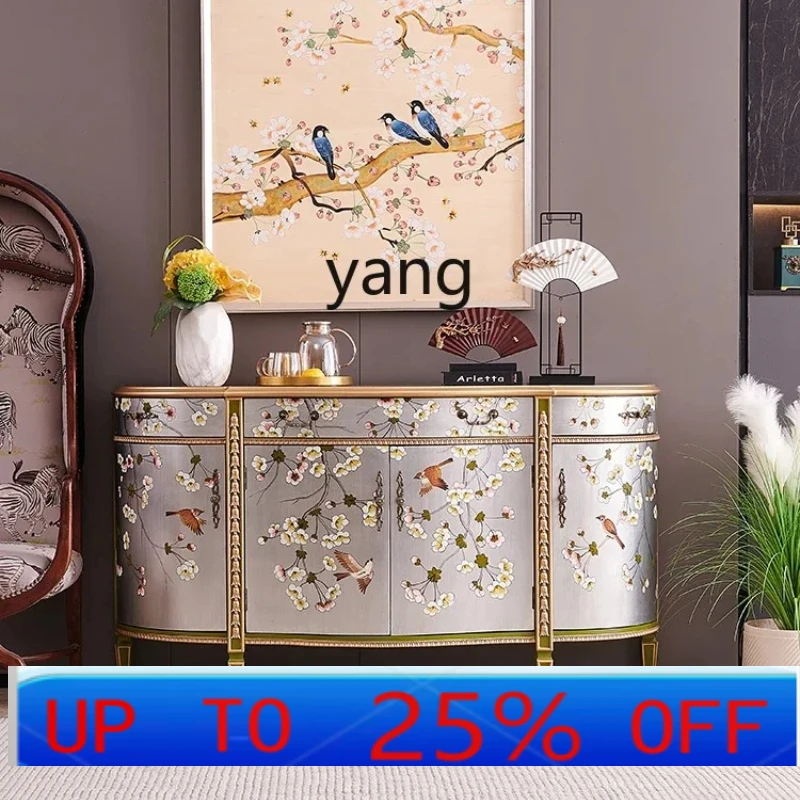 Ltt painted flower and bird silver home solid wood semicircular villa new Chinese entrance decorative cabinet
