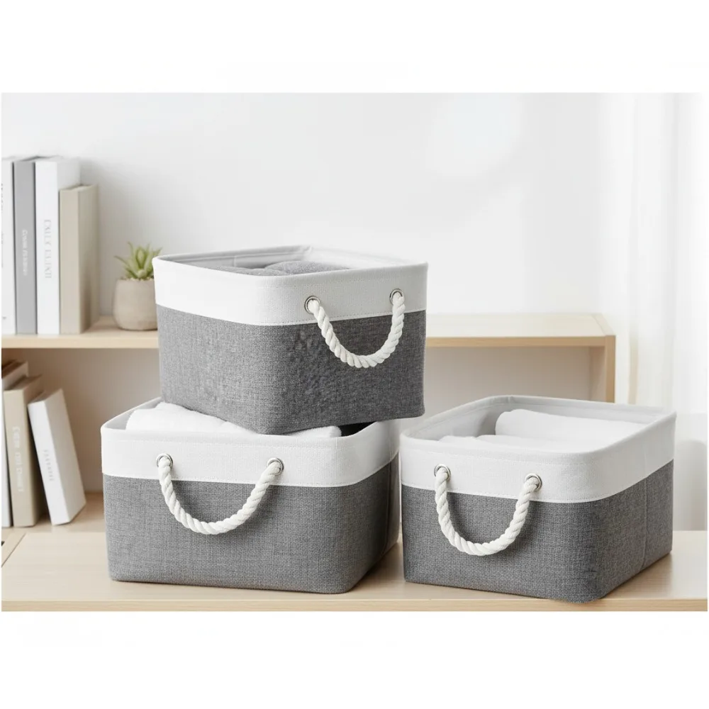 

Large Collapsible Storage Bins 3-Pack - Fabric Organizer Baskets for Home Closet Shelves Organization (White & Grey)