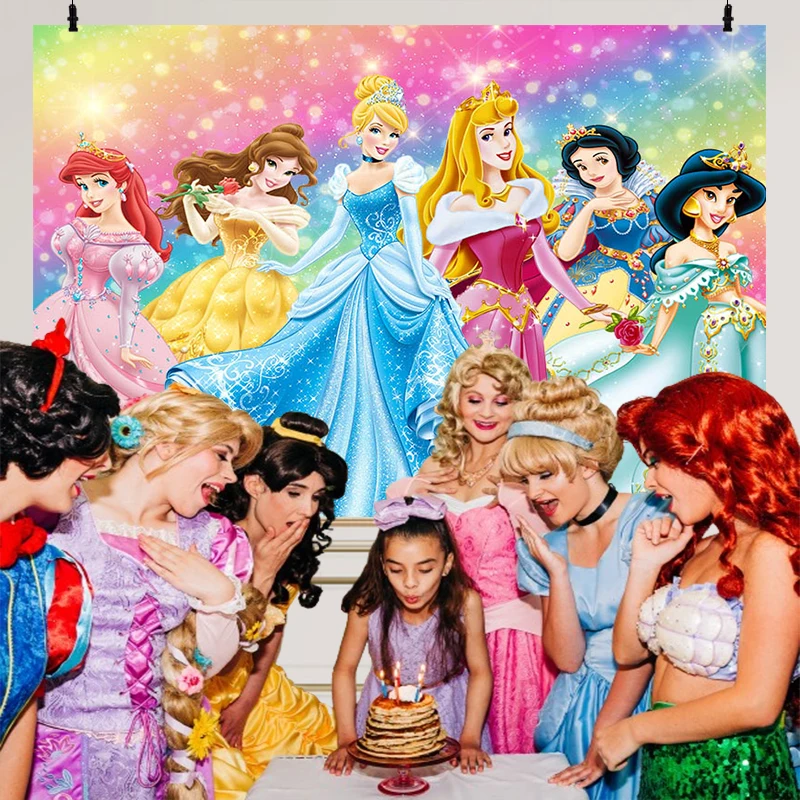 Disney Princess Baby Shower Backdrop Princesses Birthday Decoration Theme Party Banner Colorful Sparkly Background Photography