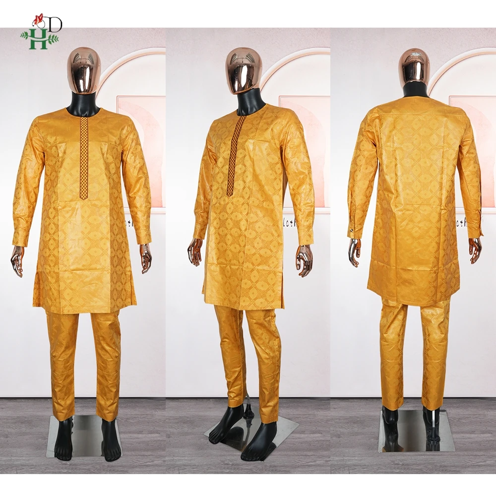 African Clothes Men Native Wear Formal Traditional Embroidery Bazin Riche Dashiki Yellow Shirt Pants 3PCS Bubu Dress Suit 2025