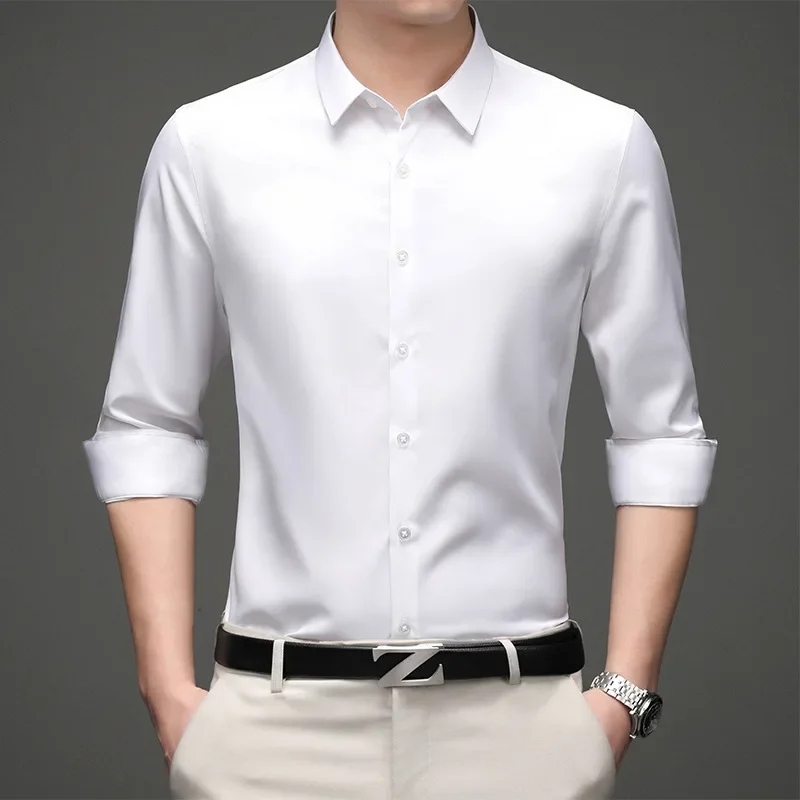 

6XL Pure Color Easy Care Formal Business Smooth Soft Office/Working Wear Standard-fit Stretch Men Shirt Long Sleeve Slim Fit