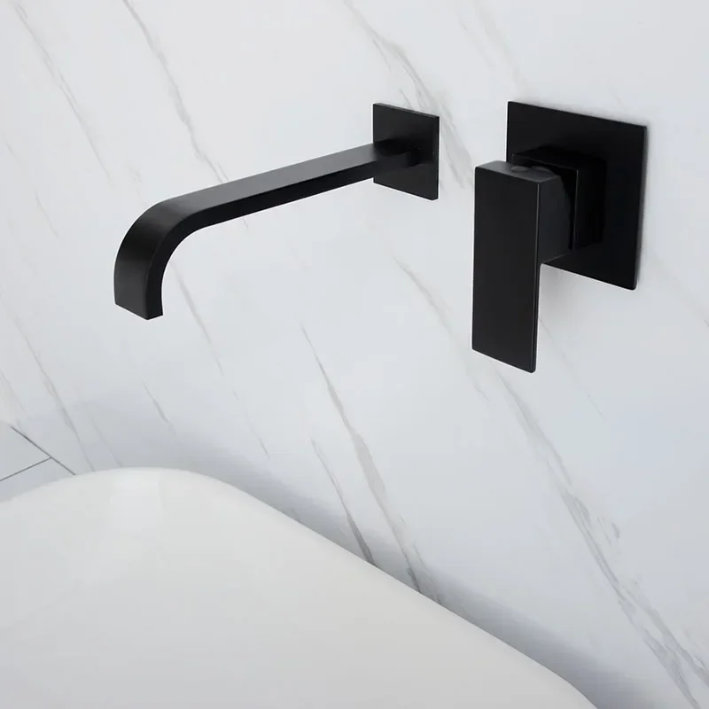 Matt Black & Chrome Brass Wall Mounted Basin Water Mixer Bathroom Quality Brass Single Handle Faucet Black Hot and Cold Tapware