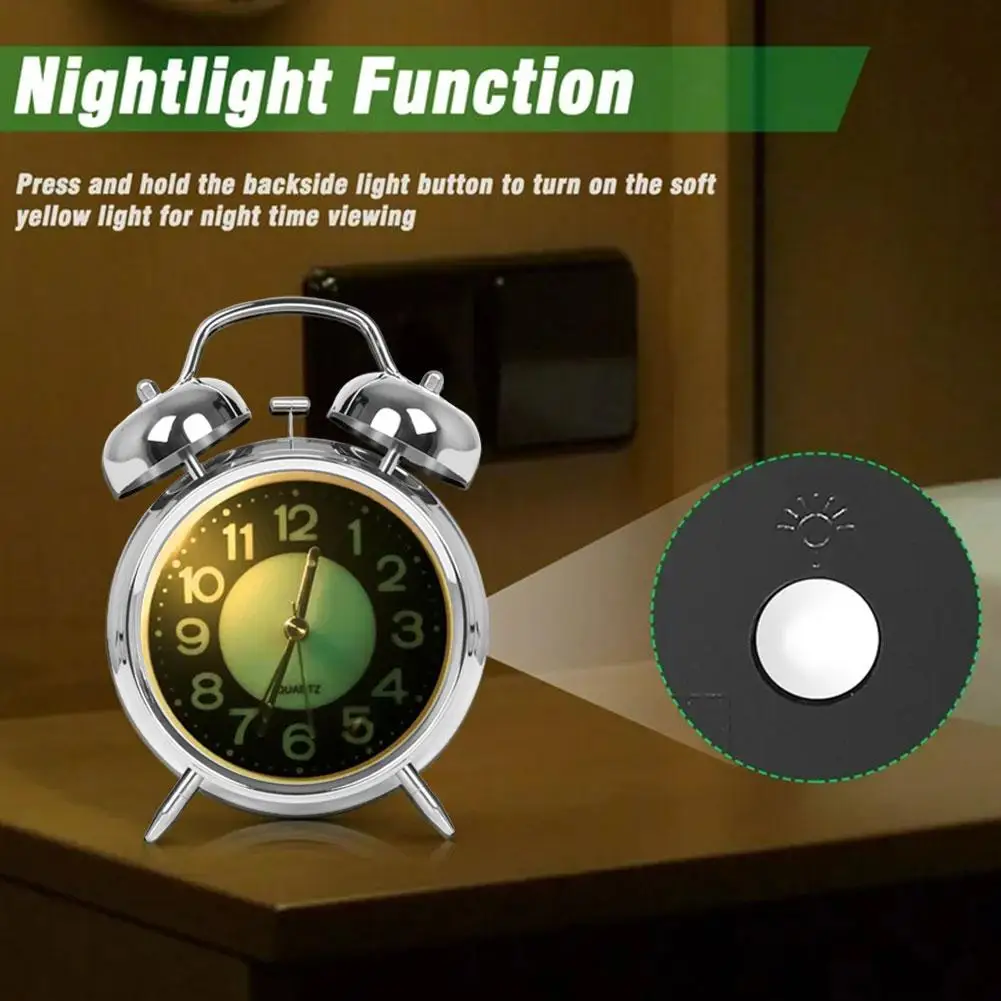 Retro Dual Clock Silent Charging Clock Metal Alarm Clock Night Environment 4 Light Little Sleep Work And Inches S5L0