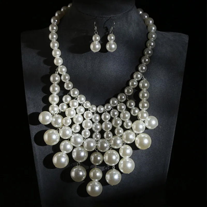 Kymyad Ethnic Style Handmade Jewelry Sets Simulated Pearl Tassel Chains Necklace Earrings Set For Women Bijoux Statement Collar