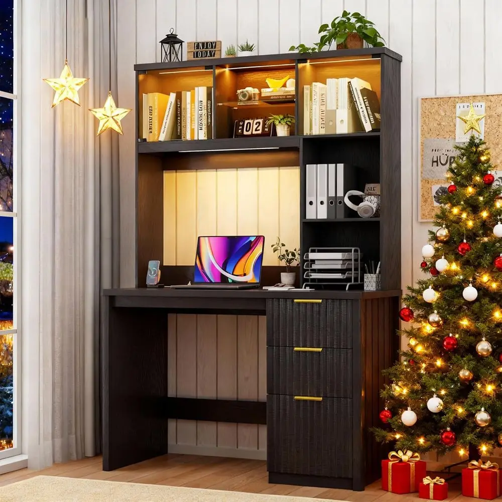 

Стол для домашнего офиса со светодиодной подсветкой, ящиком, зарядной станцией и стеклянным шкафом для хранения вещей