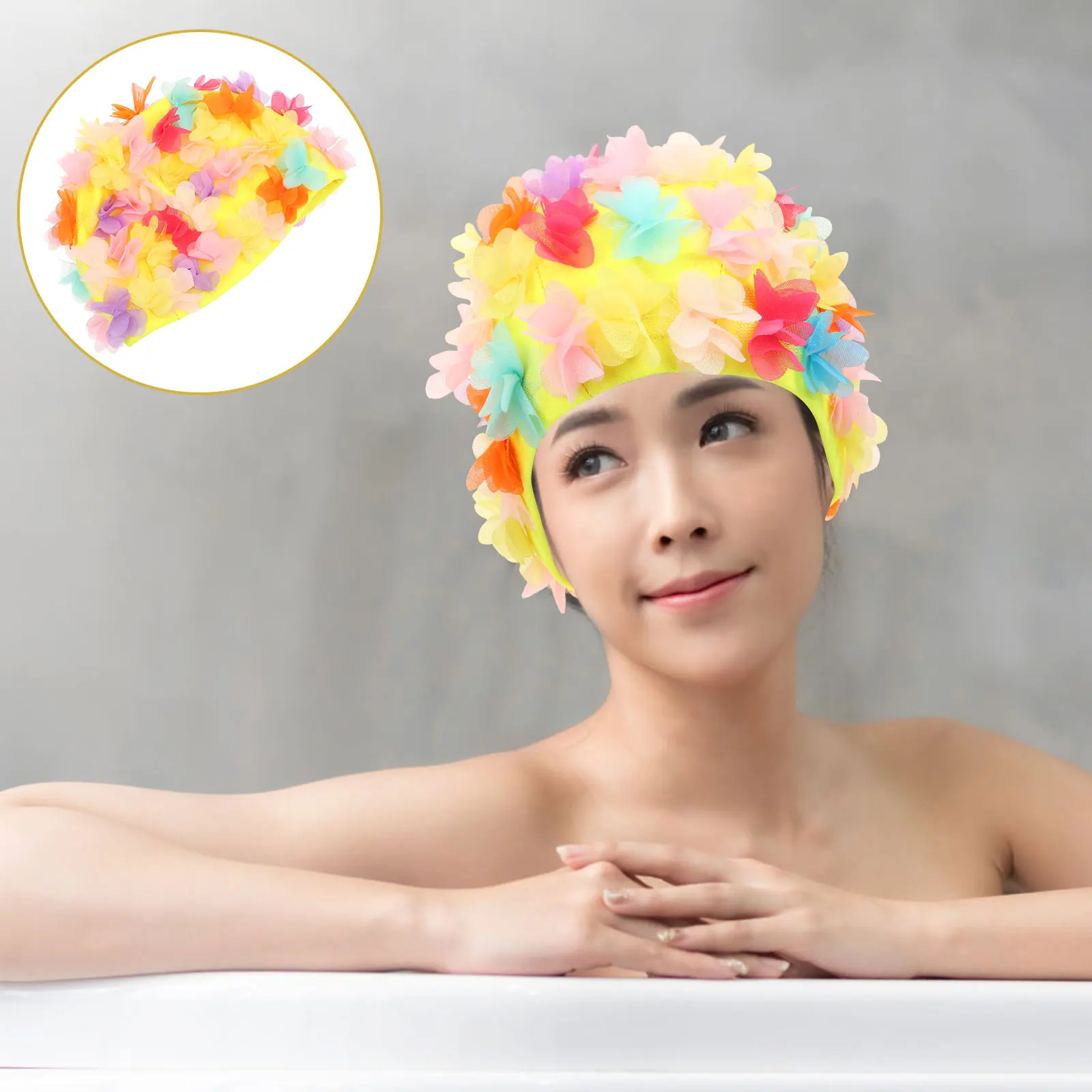 

1pc Swimming For Women Flower Petal Design Retro Bath Hat Pool Swim Cap Lightweight Elastic Decorative Shower Hat Unisex Fit All