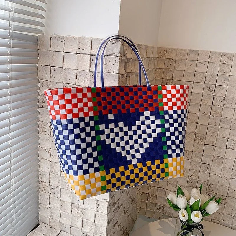 Vegetable Basket Female Straw Bag Large Capacity Fashion Designer Handwoven Handbag Bohemia Summer Plastic Patchwork Women\'s Bag