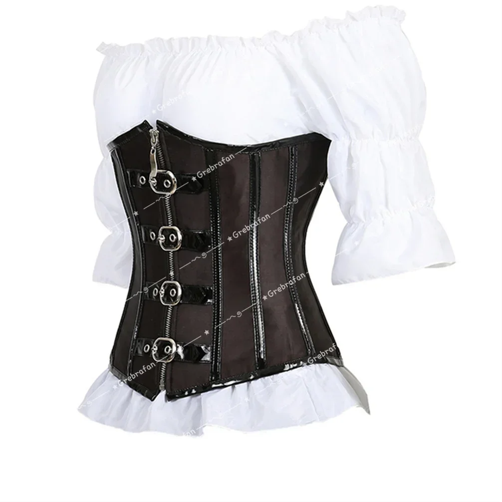 Gothic Corset Pirate Blouse Two-Piece Set Steampunk Leather Bustiers Underbust Shapewear for Halloween Cosplay Costumes
