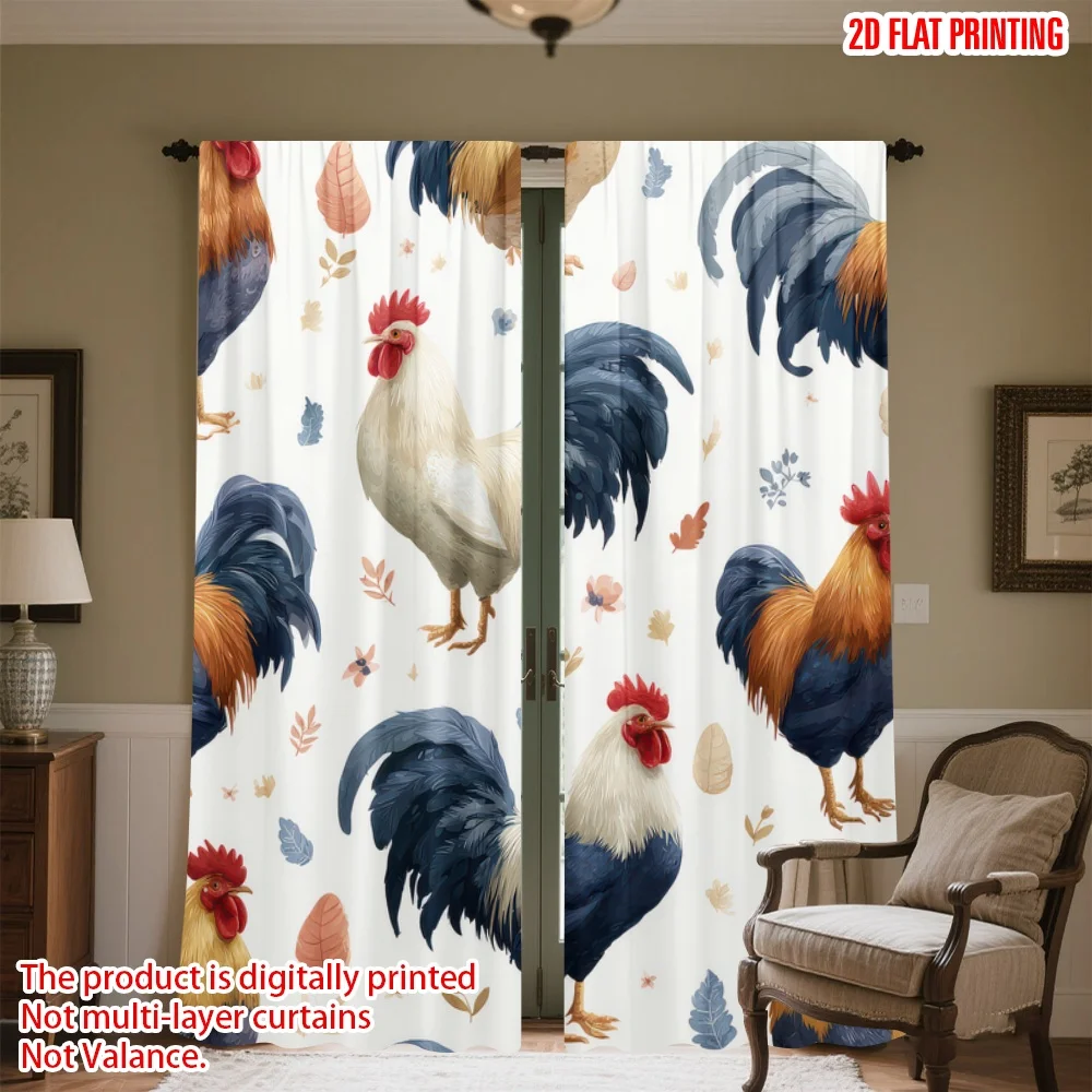 

2D flat printing 2pcs Party Curtains Colorful Roosters and Leaves Digital Printed Polyester Drapes Festive Curtains Use for