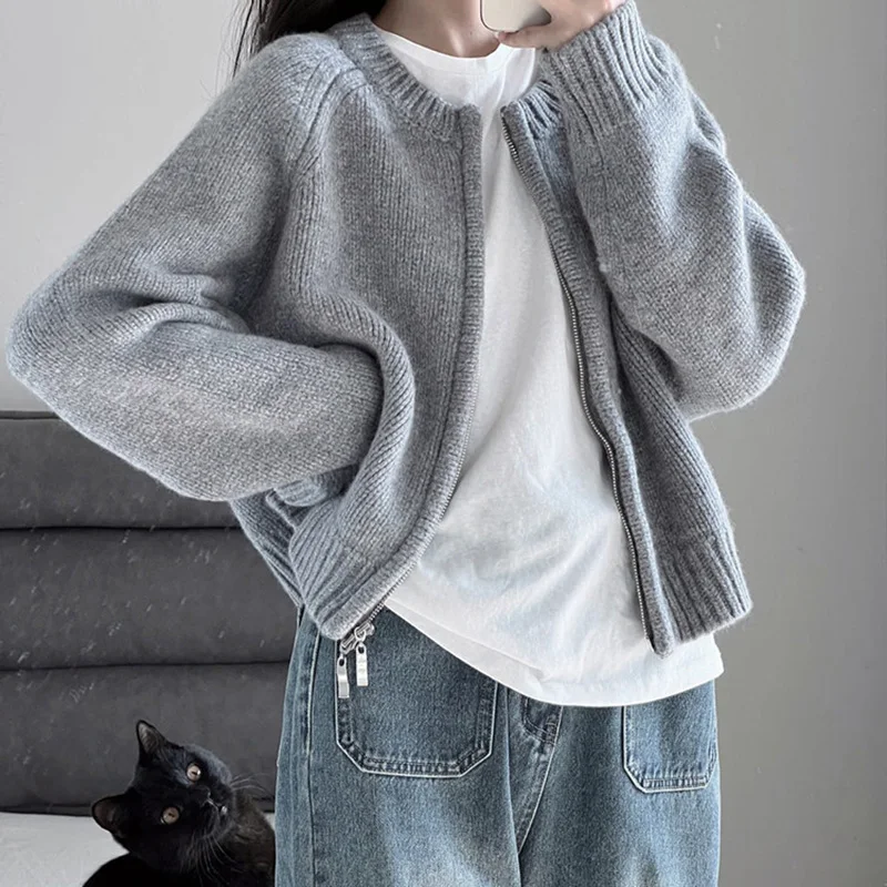 

Gray Zipper Up Cardigans for Women Autumn Winter Round Neck Knitted Sweater Coats Woman Solid Long Sleeve Crop Cardigans Female
