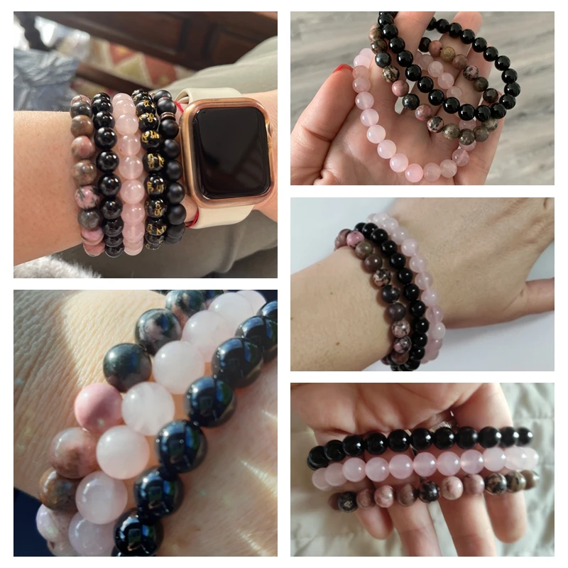 Natural Stone Round Beads Bracelet For Women Men Healing Crystal Amethyst Rose Quartz Aquamarines Jade Elastic Bangle Jewelry
