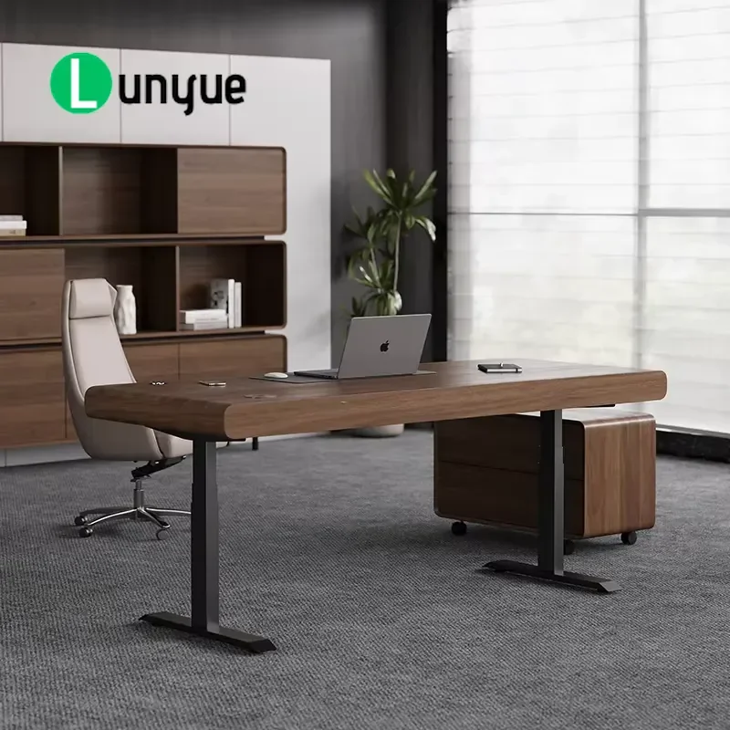 Smart Electric Lifting Desk Solid Wood Minimalist Modern Modular Work Office Building Dual Motor Walnut Top Factory