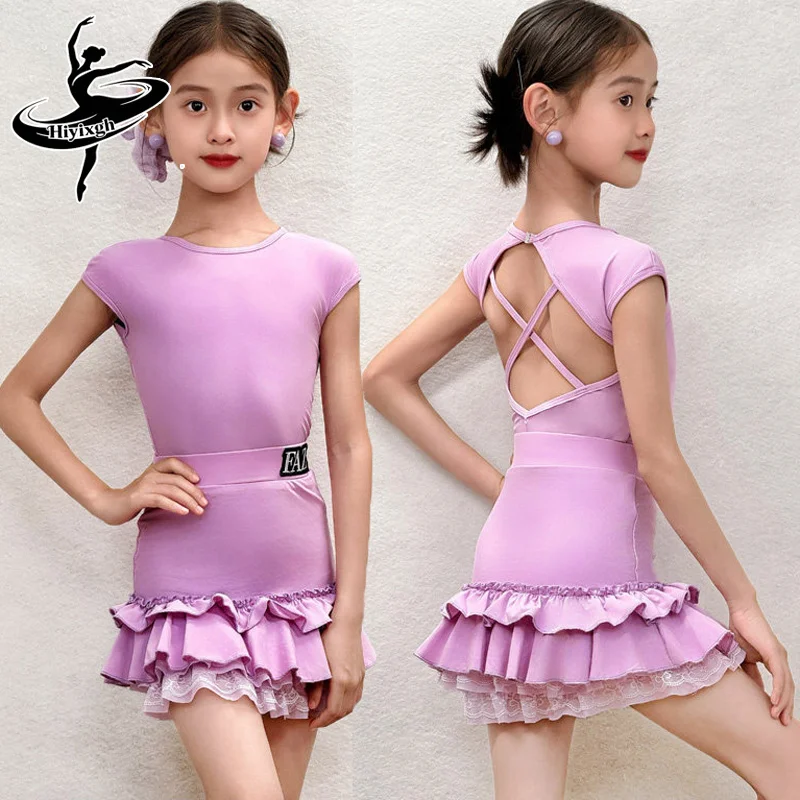 

Two-pieceLatin outfit Girls Latin DanceDress Practice Backless Bodysuit and Lace Cake Skirts Rumba Competition Costume Dancewear