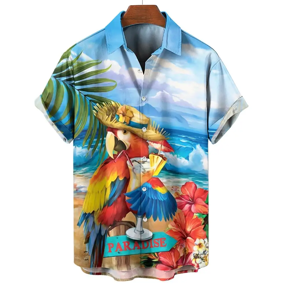 Chemise hawaïenne à imprimé perroquet 3D pour hommes, chemisiers de plage décontractés, chemisier à manches courtes, chemise à revers pour garçon, mode masculine