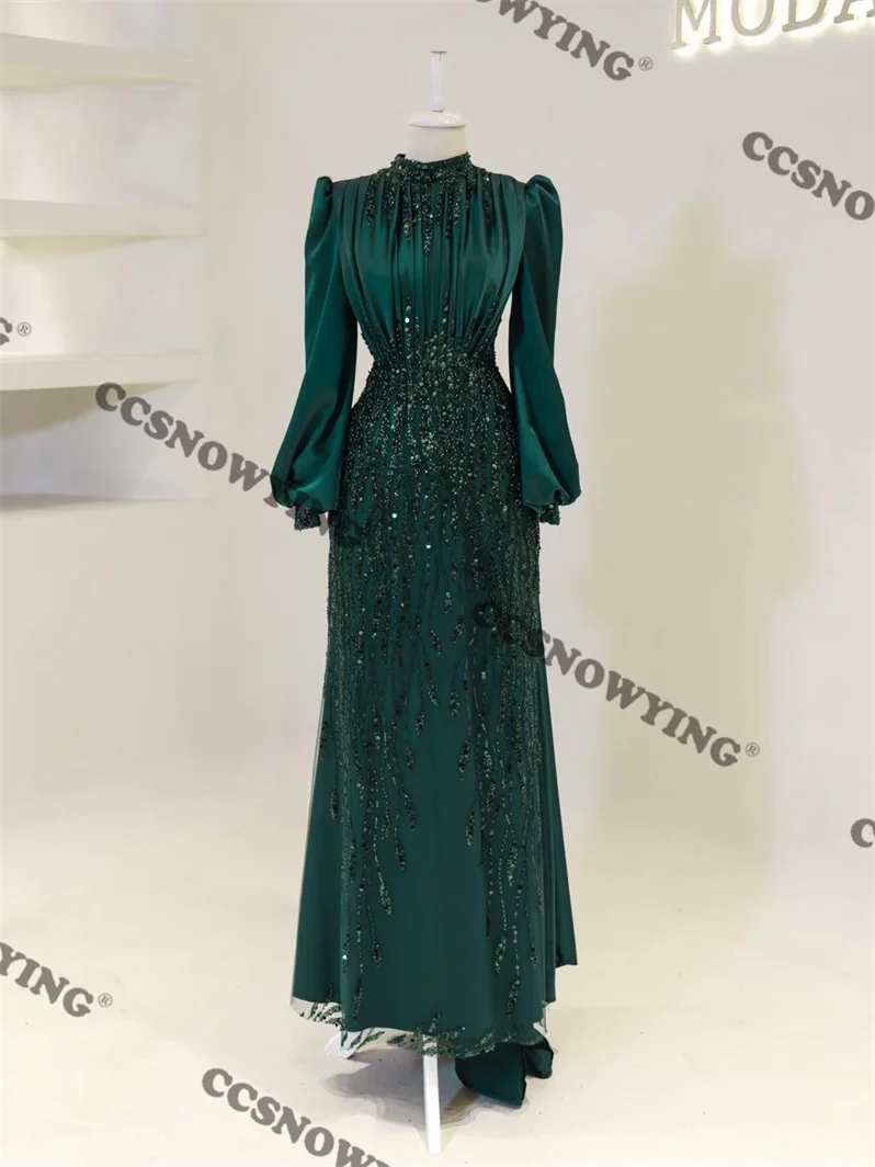 Satin Appliques Beaded Muslim Hijab Evening Dresses Full Sleeve Islamic Formal Party Gown Women Arabic Kaftan Robe De Soiree