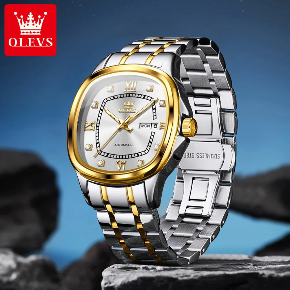 Jam Tangan Pasangan Romantis OLEVS 9810 Tahan Air Otomatis Mekanis untuk Pria dan Wanita dengan Fitur Luminous dan Bahan Stainless Steel