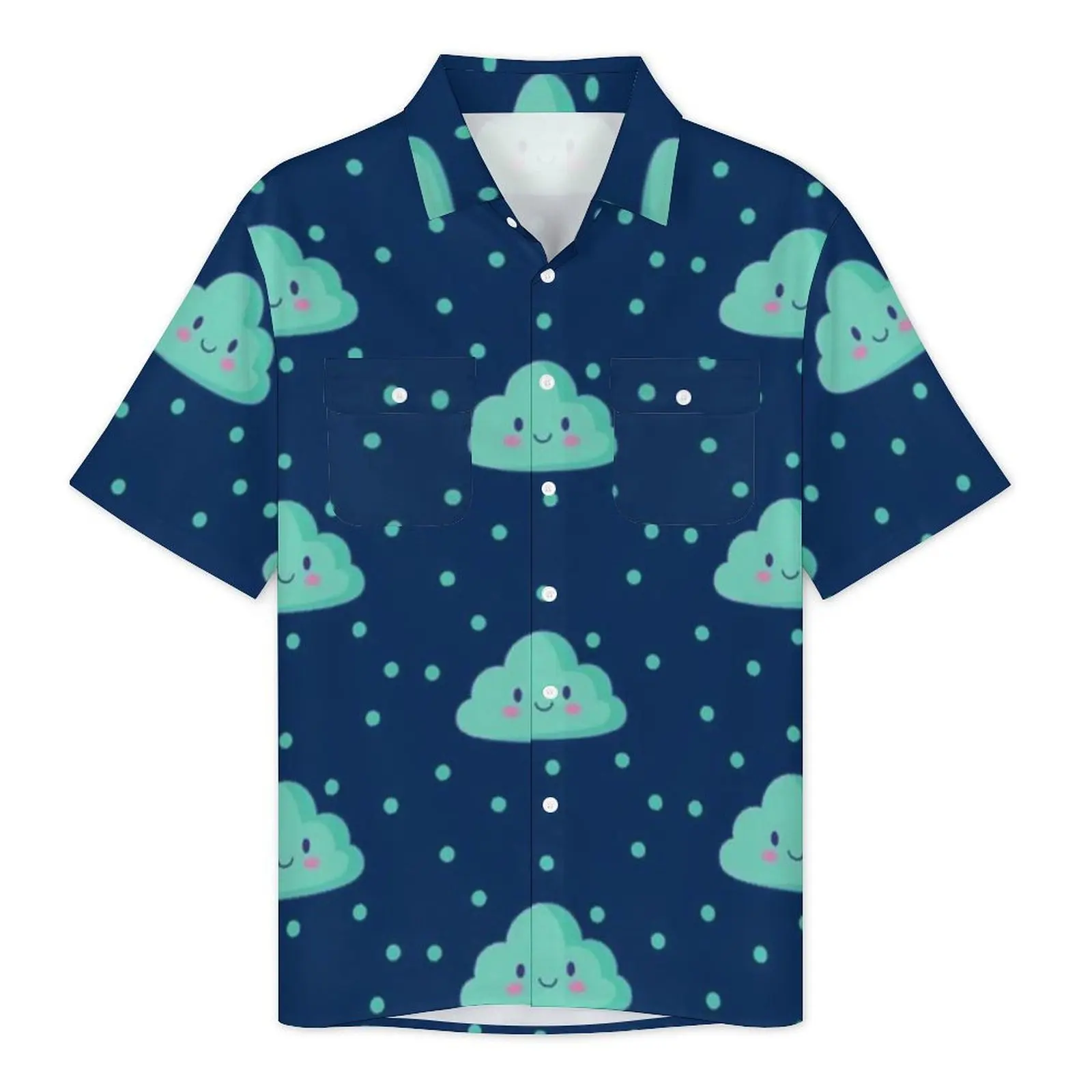 Kawaii Cloud Vacation Shirt Mens Polka Dots Print Vintage Casual Shirts Summer Short Sleeve Korean Fashion Oversize Blouses Gift