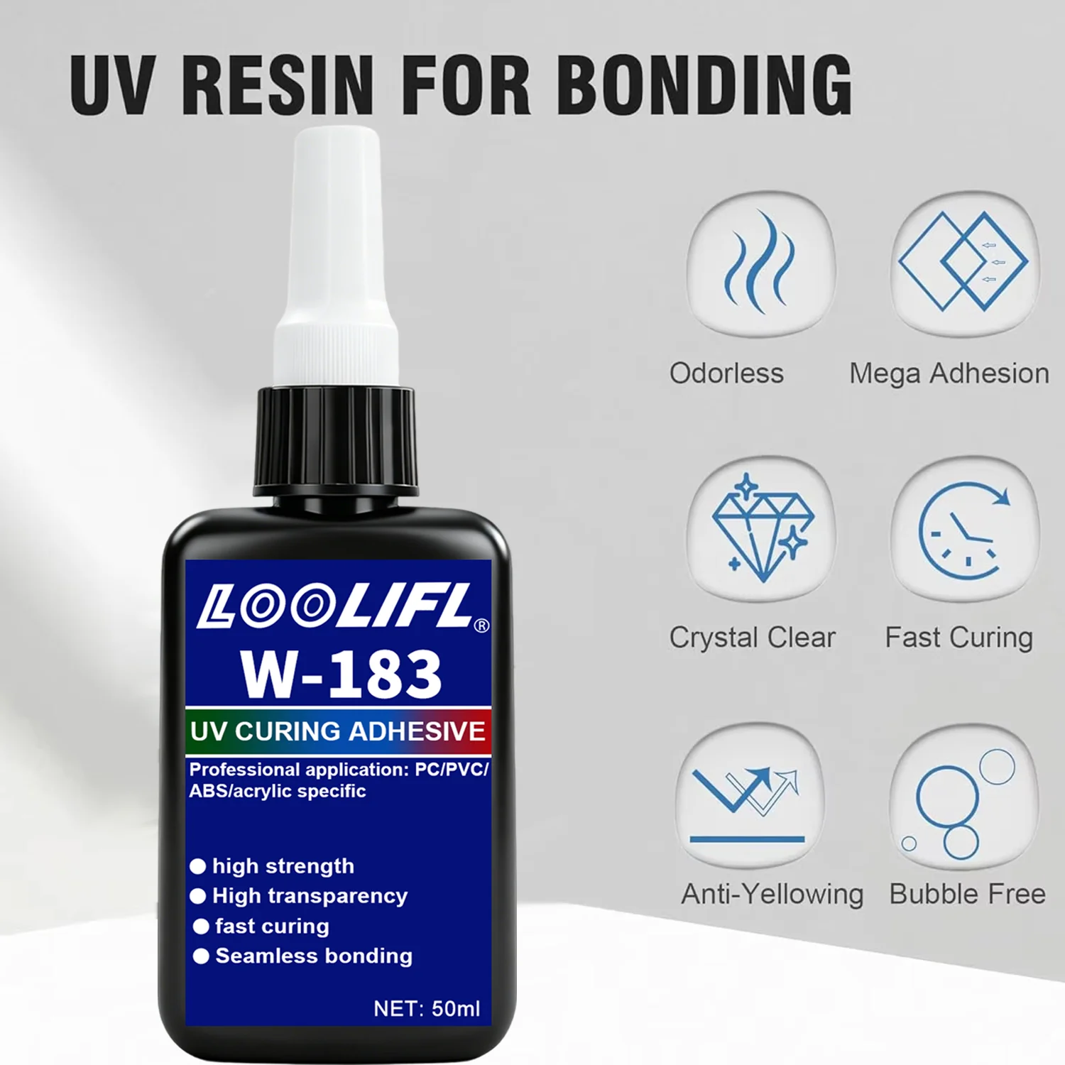 LOOLIFL 50 ml W-183 Hochfester transparenter UV-Kleber, klares UV-Harz, transparenter Kristall zum Verkleben von Glas, Metall, Acryl, DIY-Bastelarbeiten – Detail 2