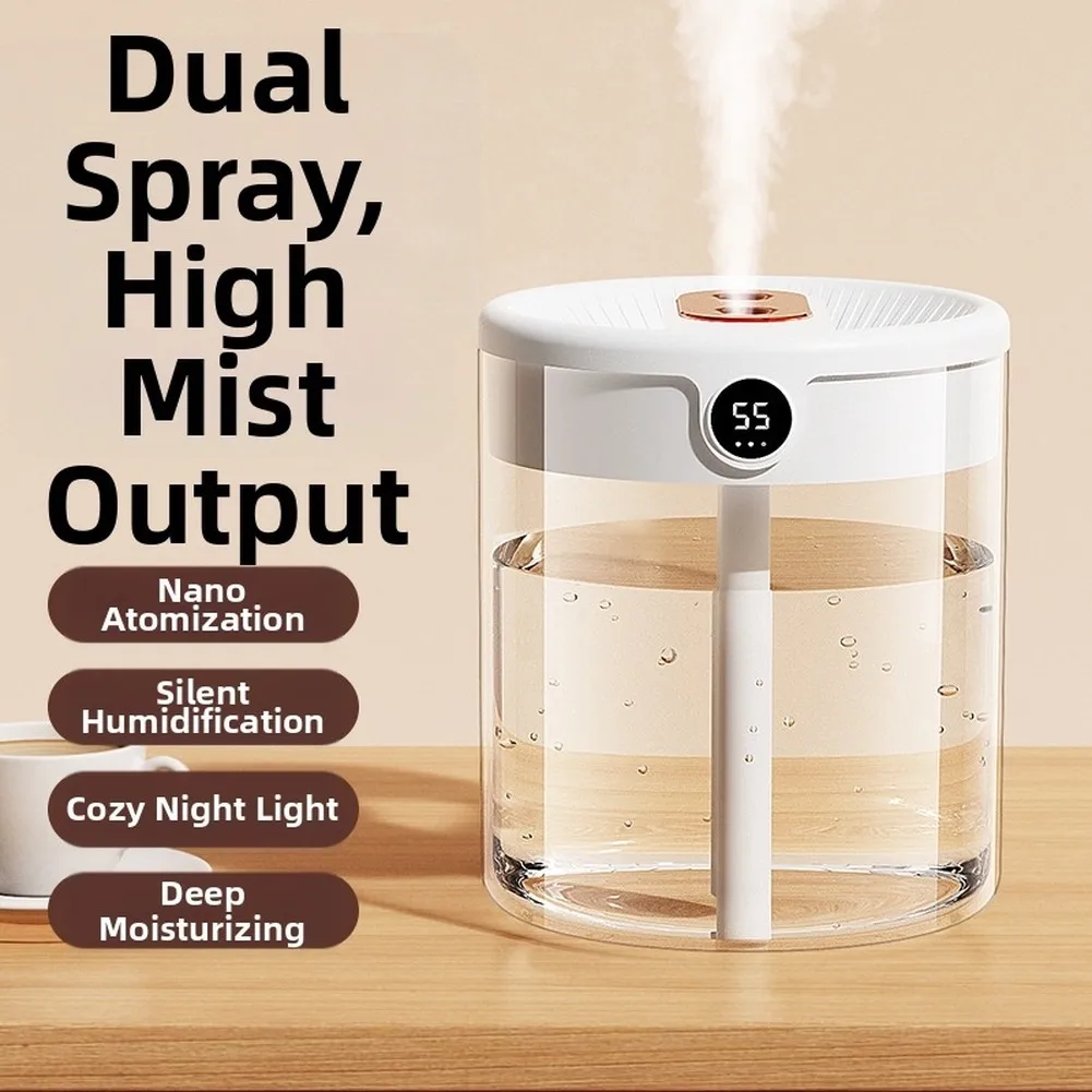 Dual-Nozzle Humidifier 2L Volume for Home Office Environments Silent for mist Generation Real-Time Humidity Readout