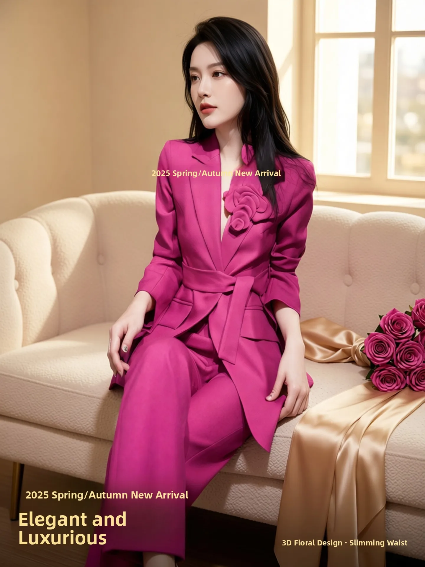 

Весенне-осенний роскошный женский ароматизированный розовый костюм с 3D-цветами, утягивающий талию, с расклешенными брюками, комплект из двух предметов, модная повседневная одежда