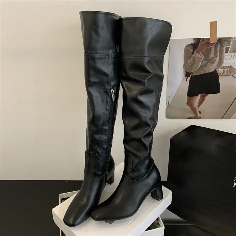 

Eilyken 2026 Winter Round Toe Women Over The Knee Boot Punk Style Long Thigh High Booties Fashion Square Heels Zipper Shoes