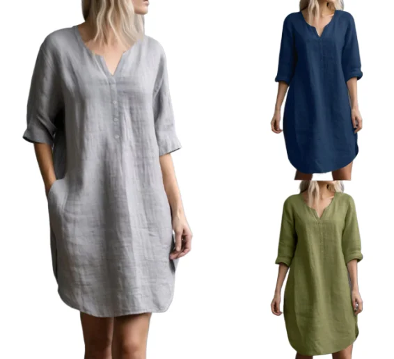 

Women Shirt Dress 2024 Summer Vestidos Casual V-Neck 3/4 Sleeve Loose Solid Color Knee-length Sundress Vintage Robe Femme