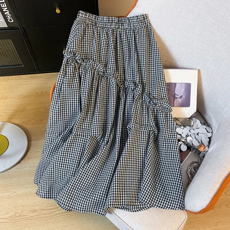 Summer New Elastic Waist Skirt Women Black and White Plaid Irregular A-line Thin High Waist Versatile Skirt Female