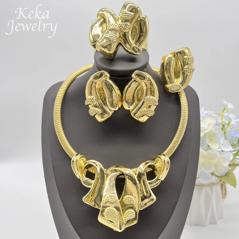 

Classics African Gold Plated Jewelry Set Delicacy Necklace Pendant Ring Earrings Sets America Women Wedding Party Accessories