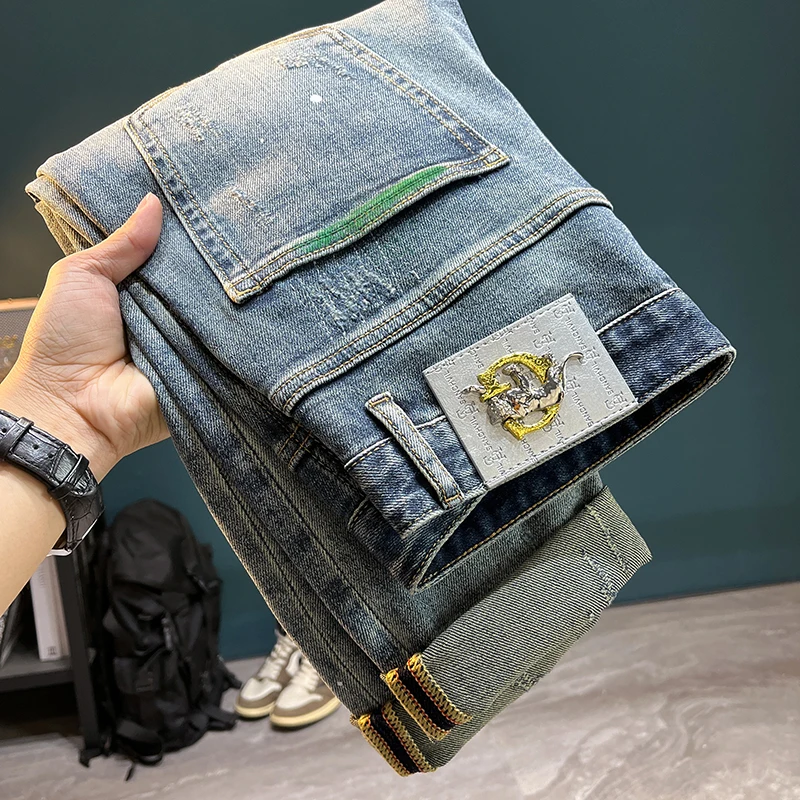 

TC2892 High street high-end tide brand jeans men's splicing patch Slim small straight leg trousers embroidery gang handsome