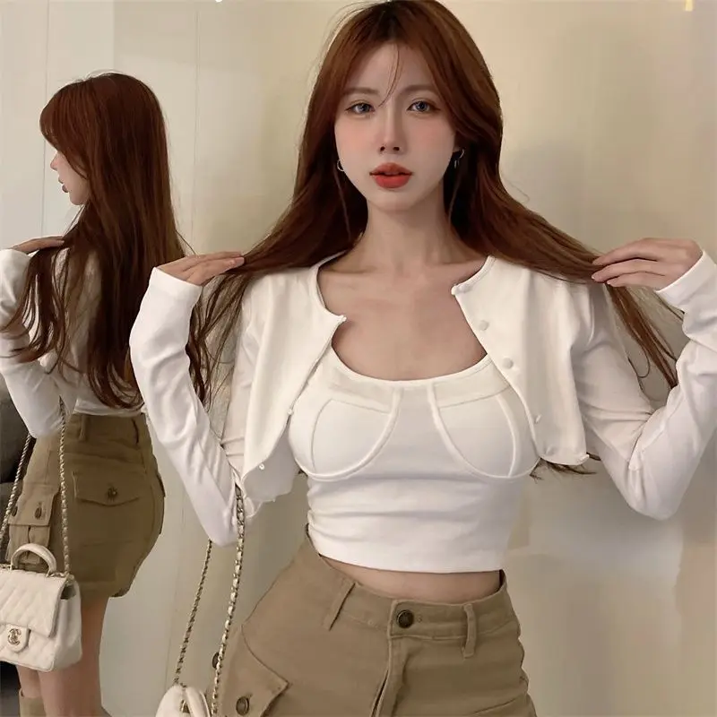 Camisole Jacket Sets Women Sexy Slim Fashion Elegant Solid Spring All-match Tender Female Leisure Design Korean Style Daily Cozy