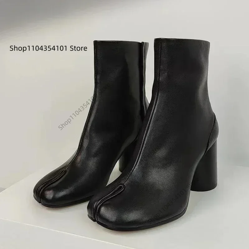 

2025 Autumn Winter Soft Leather Split toe Tabi Women Ankle Boots Fashion Thick High heels Chunky Shoes Ins Style Short Booties