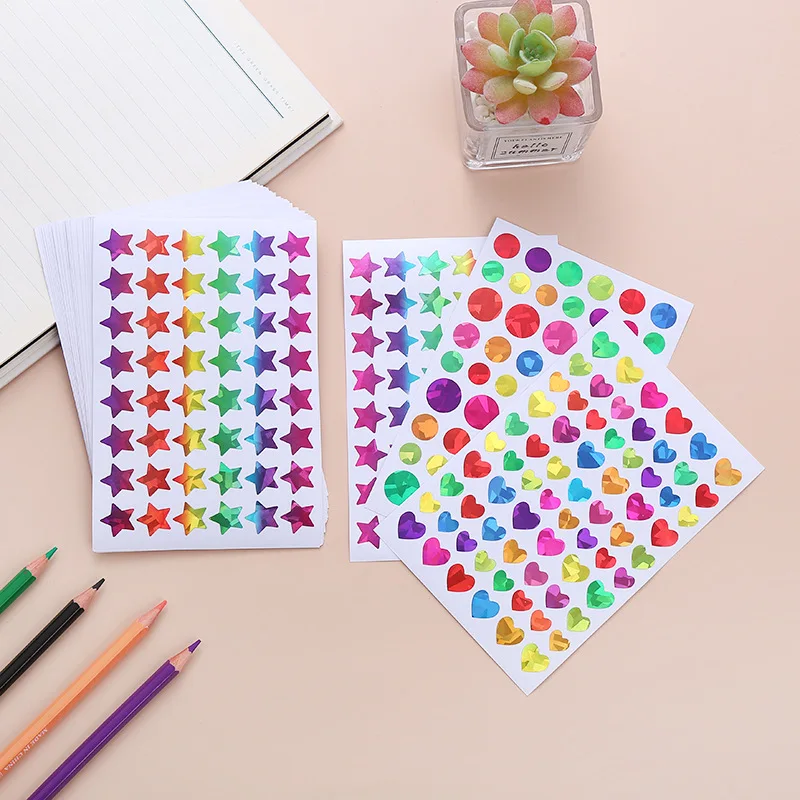 3-45sheets Holographic Rainbow Small Star Dots Heart Stickers Kids Reward Behavior Chart Student Planner School Teacher Supplies