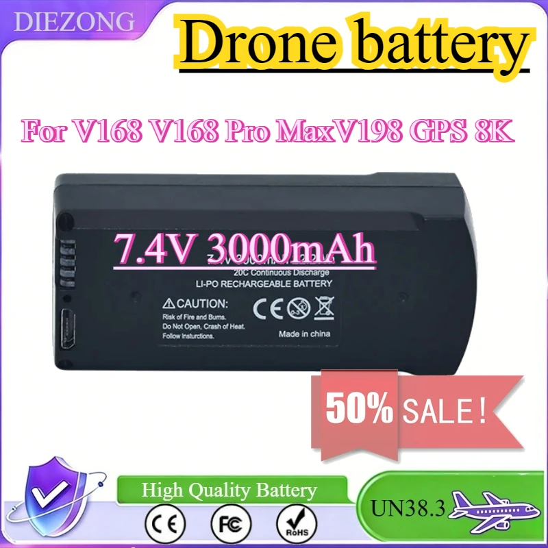 

New V168 Pro Max 7.4V 3000mAh Lipo Battery Suitable for V168 V198 GPS 8K 3.7V 2000mAh Drone Charging Backup Battery Compatible