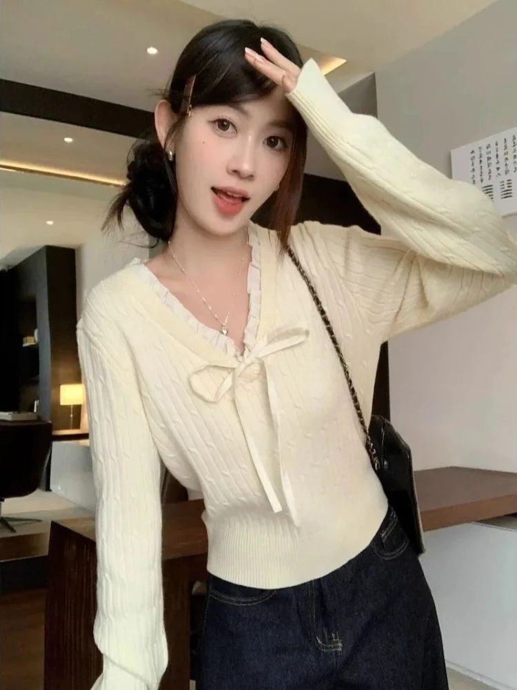 

Женский вязаный пуловер с оборками и v-образным вырезом и бантом, осень 202, милый облегающий свитер с длинными рукавами, нежный шикарный короткий топ Sueter