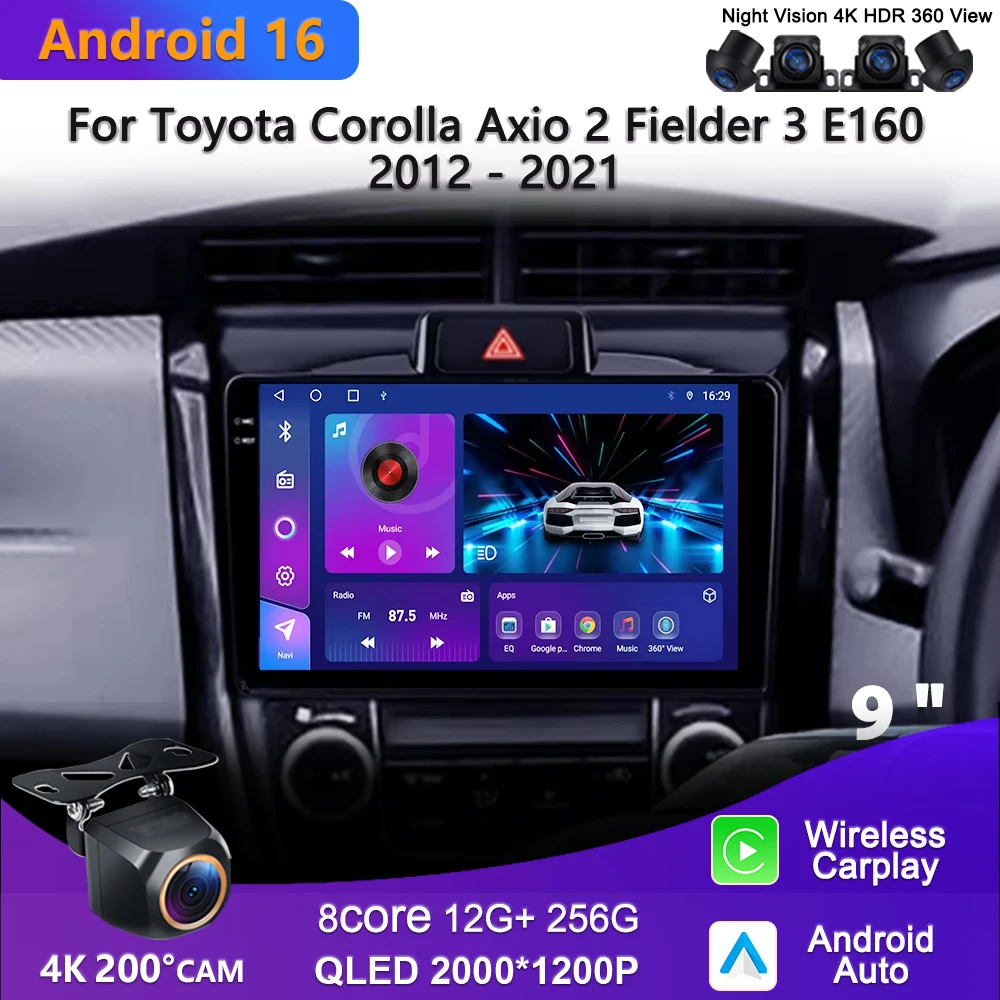 Android 16 Car DVD Multimedia Player For Toyota Corolla Axio 2 Fielder 3 E160 2012 - 2021 Auto Radio GPS Navigation Carplay