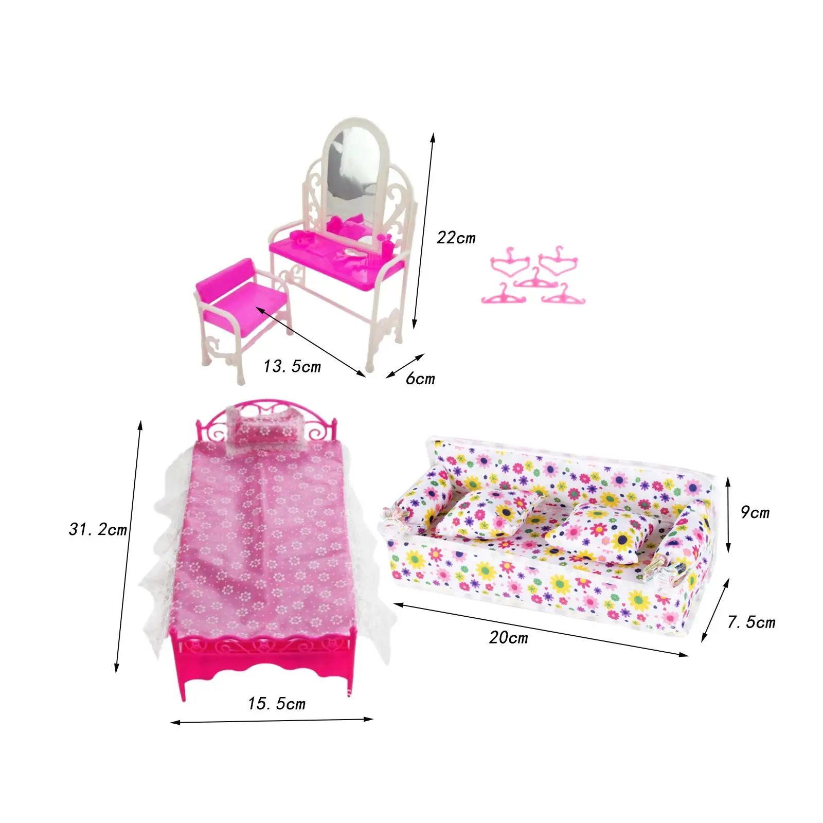 9 szt. 1/6 akcesoria meblowe dla lalek wieszaki toaletka i krzesło rozkładana sofa do zabawki do domku dla lalek