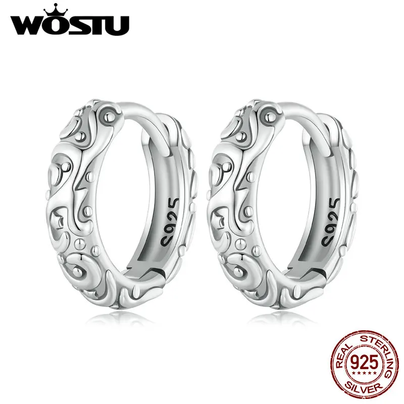 WOSTU 925 Sterling Silver Vintage Pattern Hoop Earrings Women Classicial Round Wedding Party Earring Pendientes Anniversary gift