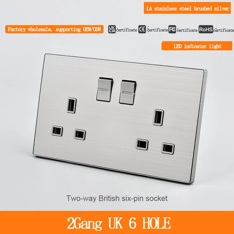 2 Gang UK Standard Wall Socket 146 Type Six-Hole Brushed Stainless Steel for Hotel And Home Decor 6 Hole Power Socket