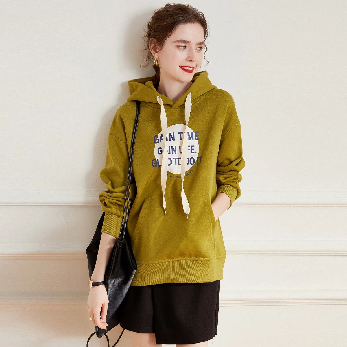 LOUIS YAO Letter  Print Women's Hoodies 2025 Autumn Winter Fleece-lined Thickened Long-sleeved Sweatshirts Casual Women's Tops