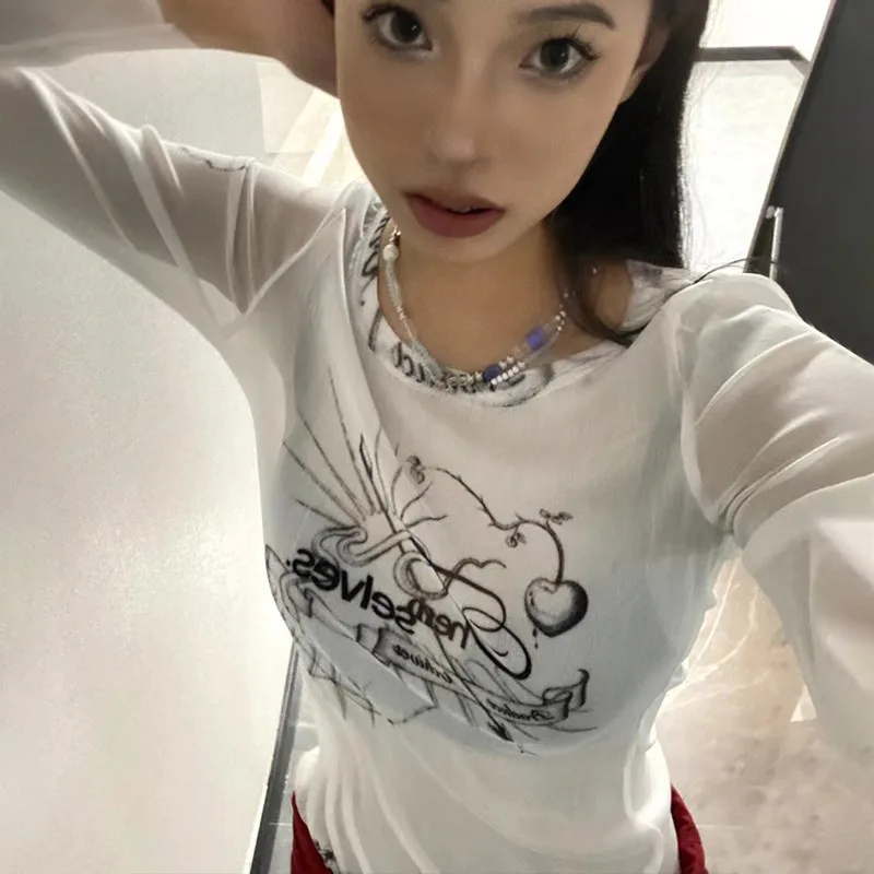 Karrram Y2k Aesthetics Mesh Top Korean Fashion Designer Clothes Grunge Graphic See Through T Shirt Fairycore Sheer Tops Harajuku