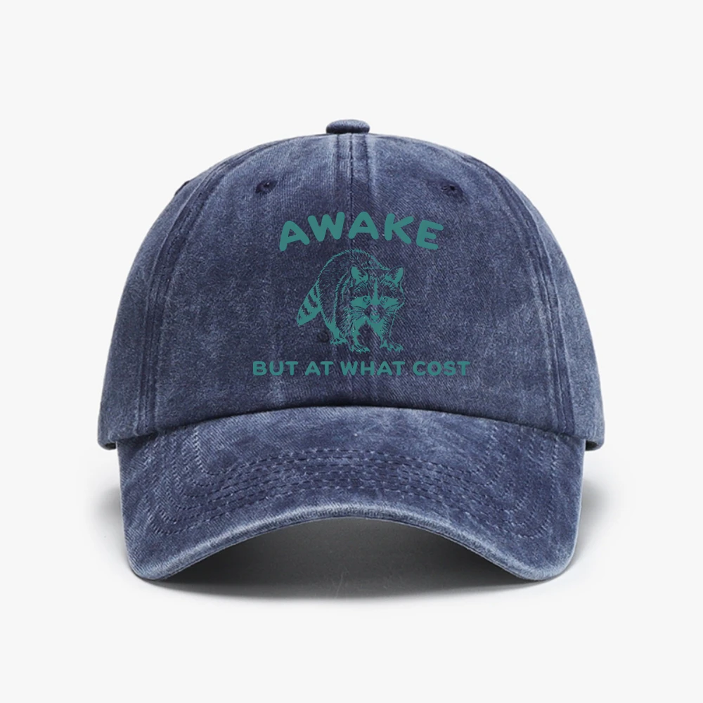 Awake But At What Cost hat Women Men Retro Funny Raccoon Washed Baseball Cap Vintage Trash Panda caps