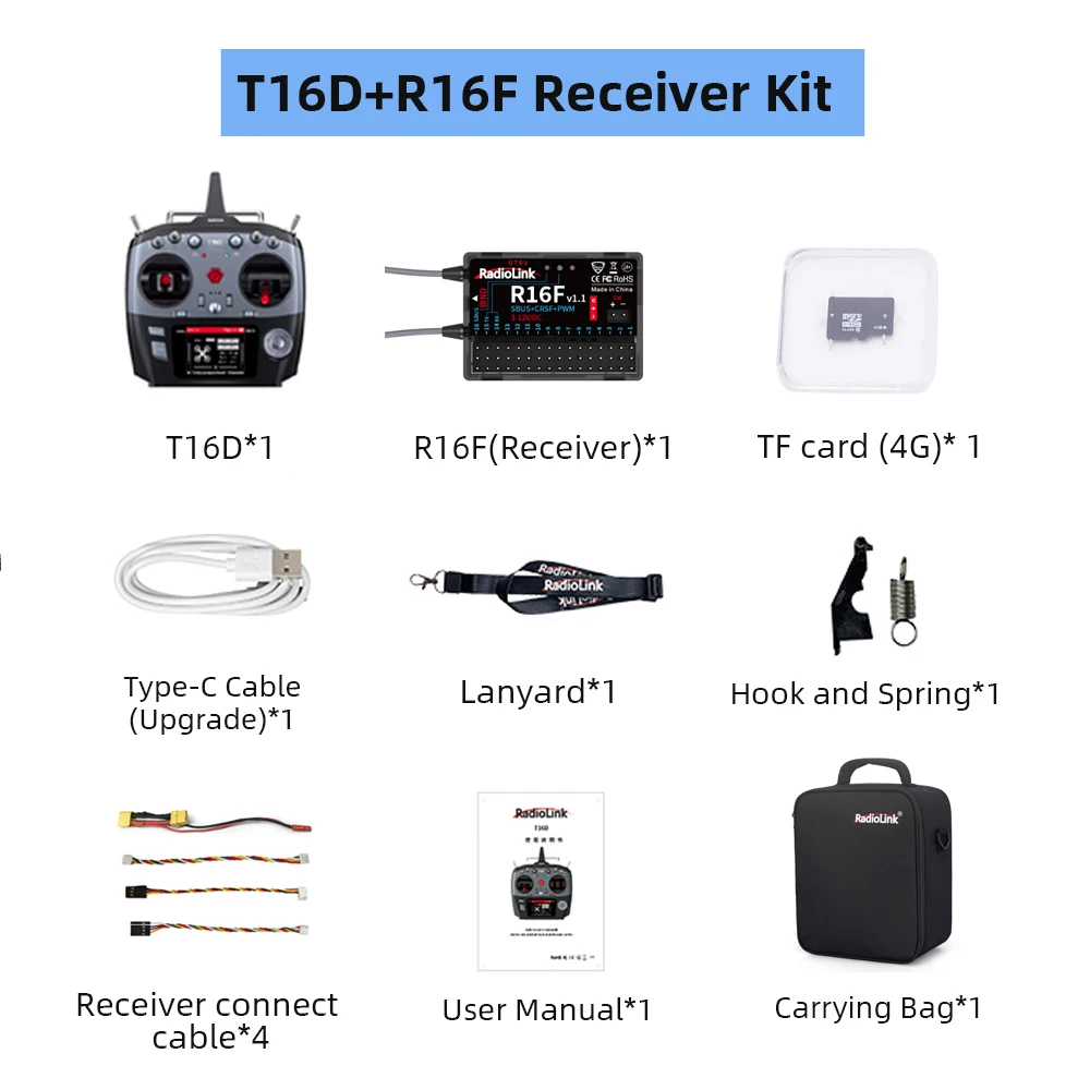 [M1 with R16F ELRS] Radiolink Transmitter Remote Controller RadioLink T16D 16 Channels 2.4GHz R16F Receiver Remote Controller  UAV FPV Remote Car 