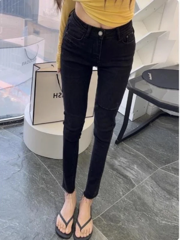 

Slimming Bla Elastic Denim Jeans Women's High Waist Nine Points Hole Small Bla Pants Slim Fit High Rise Cotton Stretch Denim
